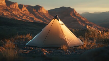 Tent camping in beautiful mountains at sunset, outdoor adventure, nature exploration, backpacking trip, scenic landscape, peaceful camping experience.