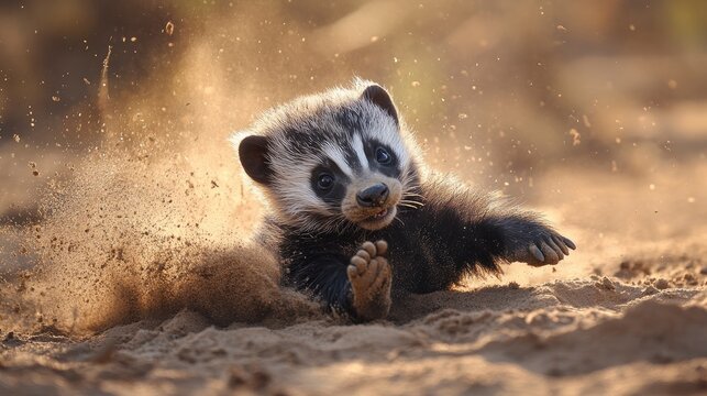 A playful baby honey badger rolling in the dusty savanna, its tiny claws digging into the dry earth - Powered by Adobe