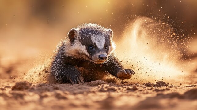 A playful baby honey badger rolling in the dusty savanna, its tiny claws digging into the dry earth