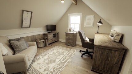 A beautiful home office nook next to a sofa, featuring a wooden desk, a comfy chair, and soft lighting.