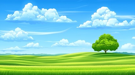 Single Green Tree on a Rolling Green Hill Under a Sunny Blue Sky