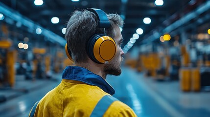 Factory Worker Safety Wearing Protective Yellow Gear and Sound Cancelling Headphones in Plant