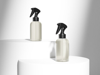 translucent Trigger spray bottle mockup, cylindrical PET plastic sprayer packaging, liquid perfume atomizer bottle, cosmetic mist dispenser pump, mini spray bottle on clean background