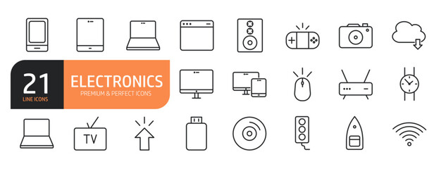 Set of line icons related electronics, tablet, desktop pc, phone and more. Outline icons collection. Editable stroke. Vector illustration.