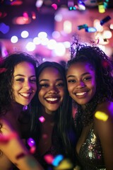 Three young women celebrating together at party with confetti and bright lights, smiling joyfully, friendship, nightlife, fun atmosphere, laughter.