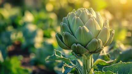 Artichoke plant in garden sunset, healthy food