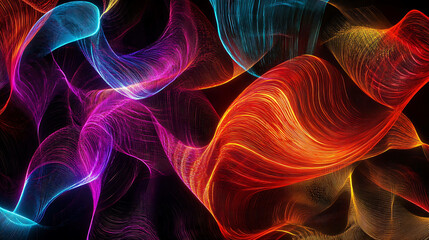 Abstract digital waveforms in glowing neon colors on a dark background