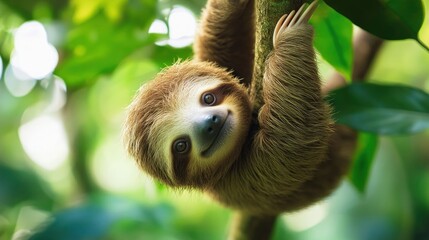 Fototapeta premium A small baby sloth hanging upside down from a tree branch, its tiny claws gripping the bark