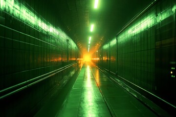 Illuminated green tunnel leading to a bright light at the end, creating an intriguing atmosphere