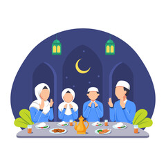 Muslim Family Having Meal Together with Family. Break Fasting activity