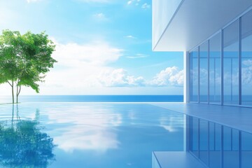 Fototapeta premium Serene pool view featuring blue sky, calm water, and modern architecture by the ocean