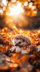 Fototapeta premium A tiny hedgehog curled up in a bed of autumn leaves, golden sunlight filtering through the trees