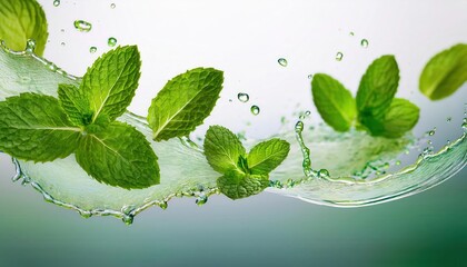 High speed macro photography captures fresh mint leaves swirling in water