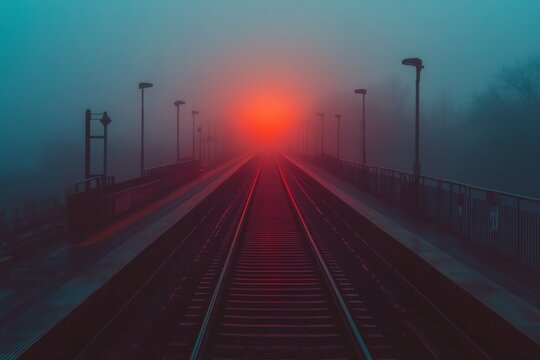 Fog envelops train tracks illuminated by glowing light at a quiet station during early morning hours