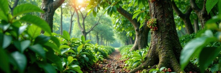 Mature coffee plants thrive in the tropical landscape with vibrant green foliage and gnarled branches, green, nature