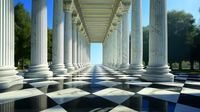 Majestic marble colonnade leading to a bright horizon with checkered floor and lush greenery