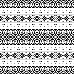Black and white seamless horizontal pattern featuring intricate geometric elements. Tribal-inspired design, ideal for digital art, backgrounds, and textile prints.