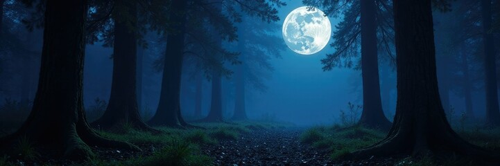 Fototapeta premium The silver glow of the full moon illuminates the dark forest floor, mystical ambiance, lunar glow