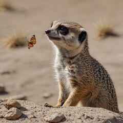 Fototapeta premium A meerkat staring at a butterfly hovering nearby, frozen in curiosity, on a white background.
