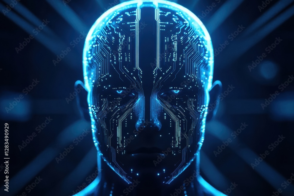 Aufkleber human head silhouette with glowing circuit board pattern and futuristic neon design representing adv