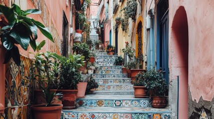 A colorful tiled staircase in a Sicilian-style home, lined with potted plants, pastel pink walls, and Moorish arches leading upwards.