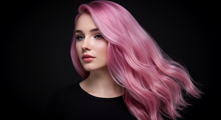 Fototapeta premium Woman with Wavy Pink Hair and Black Top Against Dark Background