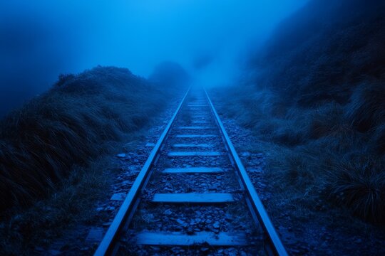 Foggy railway tracks extend into the distance under a blue twilight sky at a remote location