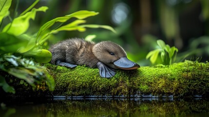 Adorable baby platypus resting on a mossy riverbank, its tiny webbed feet tucked under its body