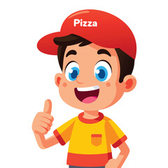 Cartoon illustration of a young boy dressed in a pizza delivery uniform, wearing a red cap with "Pizza" written on it, and giving a thumbs-up gesture