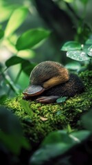 Fototapeta premium Adorable baby platypus resting on a mossy riverbank, its tiny webbed feet tucked under its body
