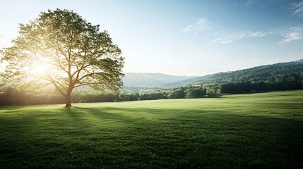 Single Tree in a Sunlit Green Field with Rolling Hills in the Background