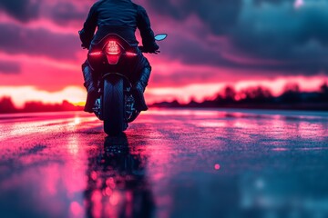 Naklejka premium Dramatic sunset ride on a motorcycle along a reflective wet road with vibrant colors