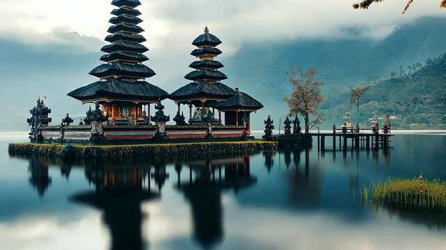 Majestic Bali temple reflections at twilight in tranquil waters of Indonesia, Bali Indonesia travel landmark temple on water Timelapse background