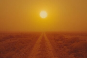 Sunset on a dusty road in the desert showcasing a warm glow and minimal visibility during a sandstorm