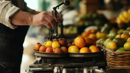 Shopkeeper weighing fresh fruits at market stall