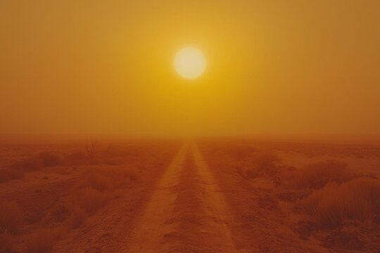 Sunset on a dusty road in the desert showcasing a warm glow and minimal visibility during a sandstorm - Powered by Adobe
