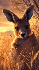 Fototapeta premium Cute baby kangaroo (joey) hides in the grass, its big eyes full of curiosity