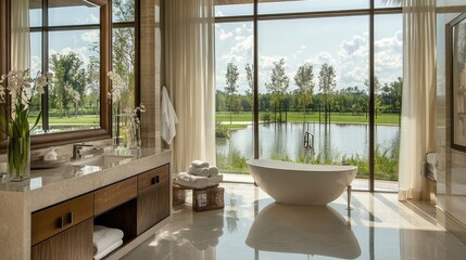 Fototapeta premium A contemporary bathroom featuring a floating vanity, a freestanding bathtub, and a transparent glass wall.