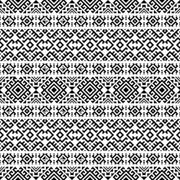 A modern yet traditional black and white seamless geometric pattern with horizontal symmetry. Inspired by Aztec and Inca art, perfect for fashion, branding, and decorative projects.