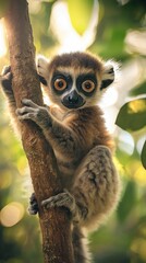 Fototapeta premium Cute baby lemur clinging to a tree branch with wide, curious eyes