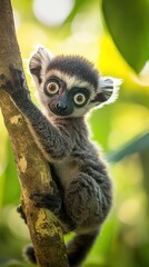 Fototapeta premium Cute baby lemur clinging to a tree branch with wide, curious eyes