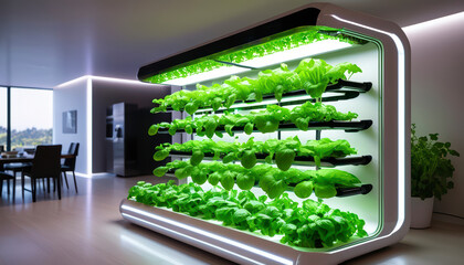 Innovative Indoor Vertical Garden Showcasing Fresh Lettuce and Herbs in a Modern Kitchen