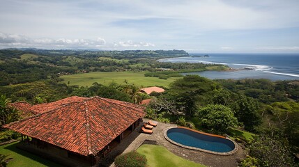Oceanfront villa, poolside view, tropical landscape