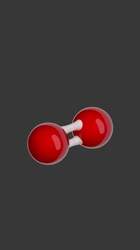 Molecule of Oxygen. Animated chemical 3D Model: Ball and stick. Molecular Formula: O2. Gray background. Seamless loop. Vertical screen. 3D rendering.