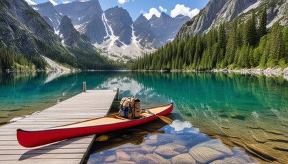 Obraz premium Kayaker Prepares to Explore Serene Lake Surrounded by Majestic Mountains on a Sunny Day
