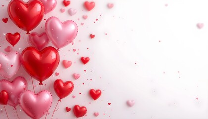 "Heart-Shaped Balloons in Shades of Red and Pink Against Light Pink Background"