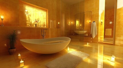 A frameless glass bathtub partition reflecting soft candlelight, adding to the relaxing atmosphere of the space.