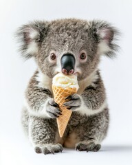 baby koala holding an icecream cone, isolated white background