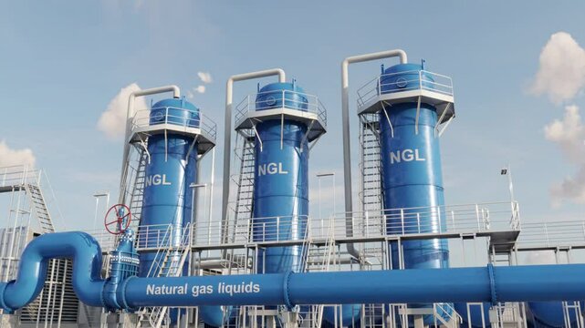 Natural gas liquids facility converts natural gas into a liquid state using processes of cooling and compression. Time lapse. 3D rendering
