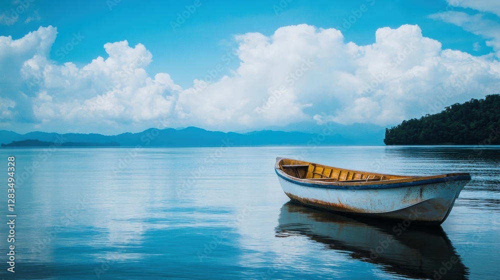 Poster Lonely wooden boat floats on calm water under a bright blue sky with fluffy clouds in a serene natural setting. Generative AI